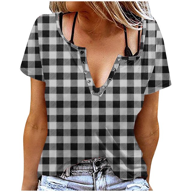 Liquidation d'Économies! Hauts pour Femmes Grande Taille, Blouse d'Été à Manches Courtes pour Femmes, T-shirt Blouse à Col Rond à Boutons Imprimé à Manches Courtes pour Femmes