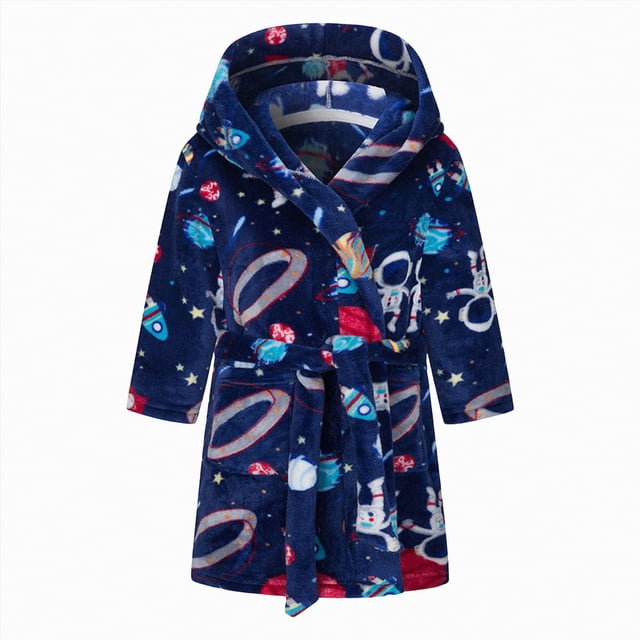 Splozh Animal Style Flannel Robes for Toddler Childrens Flannel Robe Cartoon Print Home Fleece Bathrobe for Boys and Girls with Pockets Navy,11-12 Years