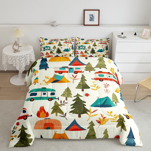 Erosebridal Rustic Camper Bedding Full Comforter Set, Happy Camping Down Comforter, Cartoon Car Decor, Lightweight