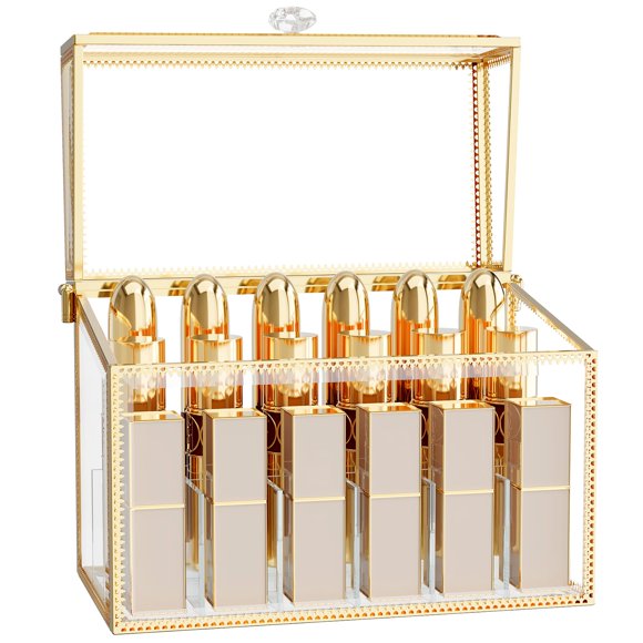 CoralHouse Organisateur de Rouge à Lèvres - Support de Rouge à Lèvres en Verre Trempé de Luxe & Organisateur de Vernis à Ongles, Organisateur Cosmétique de Coiffeuse à 18 Emplacements avec Séparateurs Amovibles, Or