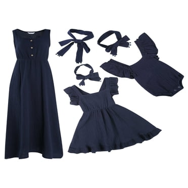 Family Matching Clothes Mommy and Me Sleeveless Dress with Headband for Women Baby Girls