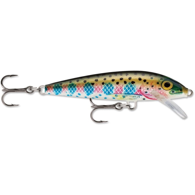 Rapala Original Floating 2-3/4" Brown Trout fishing lure with a natural minnow shape, detailed brown trout pattern with black spots and blue-pink scales, two VMC black nickel treble hooks, and a clear diving lip for floating and shallow running action, ideal for targeting multiple gamefish species.