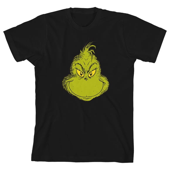 The Grinch Smiling Grinch Face on Black Short Sleeve Kids T-Shirt - Small