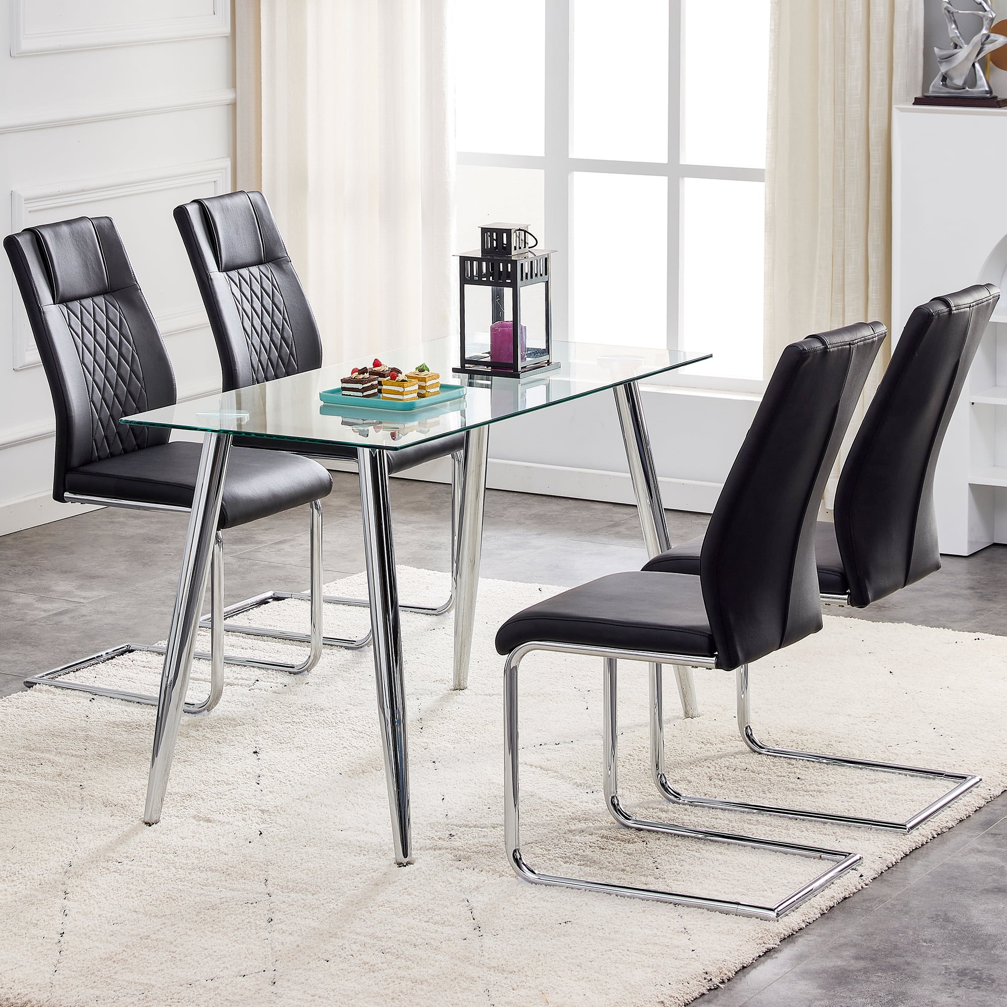 Noble House Set of 6 Modern Dining Chairs,Faux Leather Padded Seat with Metal Legs,for Kitchen Living Bedroom,Black