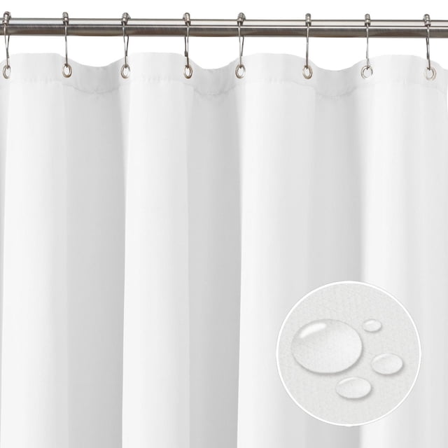Hometrends 100% Waterproof Fabric Shower Curtain or Liner in white, hanging from a metal rod with rustproof grommets, made of soft waterproof fabric that protects bathroom floors by keeping water inside the bathtub, measuring 70 by 72 inches, also suitable as a protective liner for decorative curtains.