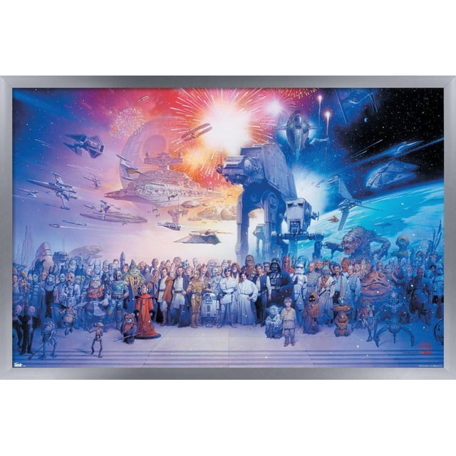 Star Wars : Saga - Affiche Murale Galaxie, 22,375 Po x 34 Po Représentant un Grand Groupe de Personnages Star Wars, Jedi, Sith, Droïdes et Créatures, sur un Fond Spatial vibrant avec des Vaisseaux Spatiaux, l'Étoile de la Mort et des Feux d'Artifice, Imprimée sur du Papier Fini Satiné Lustré, Convient pour Décorer des Chambres, des Bureaux Ou des Résidences Étudiantes.
