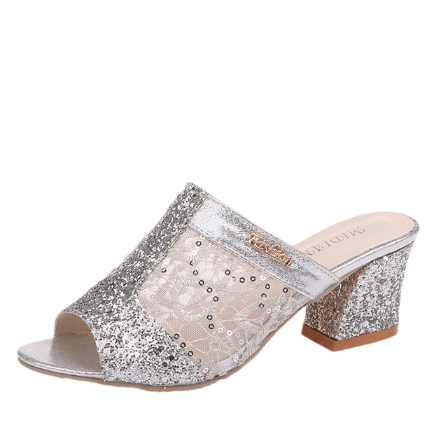 Pompotops Women's Slip On High Heel Peep Toe Crystal Slipper Casual Sandals Shoes