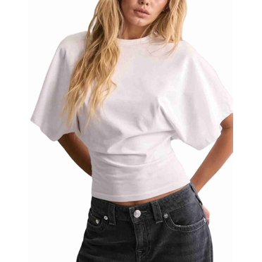 T-shirts pour Femmes à Col Rond, Taille Resserrée, T-Shirt Décontracté à Manches Courtes, Hauts d'Entraînement, Couleur Unie, T-Shirts Basiques, Blanc G