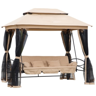 Outsunny Balançoire-Lit de Jour d'Extérieur pour 3 Personnes avec Auvent et Moustiquaire, Beige