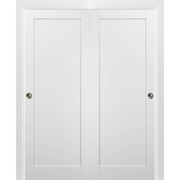 Sliding Closet Bypass Doors 64 x 84 with Hardware | Quadro 4115 White Silk | Sturdy Top Mount Rails Moldings Trims Set | Kitchen Wooden Solid Bedroom Wardrobe Doors
