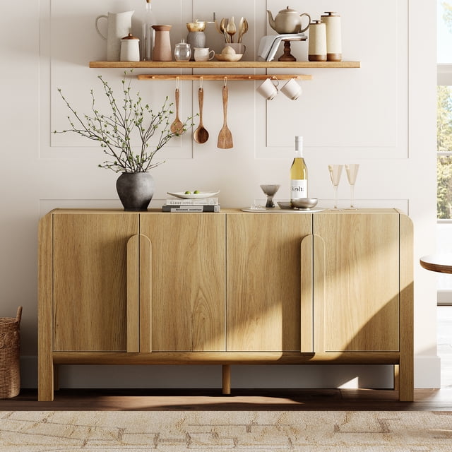 WAMPAT 63" Wide Large Buffet Cabinet with Storage, Modern Buffet Table, Coffee Bar, Wine Bar, Curved Cabinet with 4 Doors for Dining Room, Living Room, Kitchen, Light Walnut