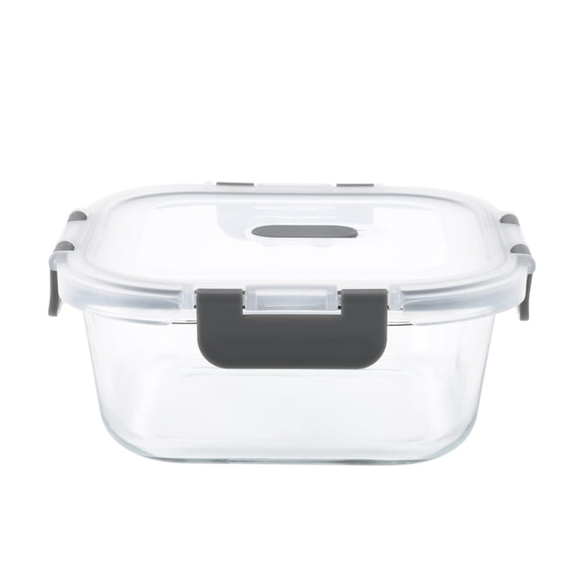 Mainstays Square Glass Food Storage Container 750ml with clear borosilicate glass body and transparent airtight lid featuring gray locking clips, oven, microwave, freezer, and dishwasher safe, suitable for kitchen food storage and meal prep.