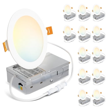 LVWIT 12 Pack LED Recessed Lighting 4 Inch with Junction Box, 5CCT Dimmable LED Downlight, 9W Ultra-Thin Modern Led Ceiling Light, 2700/3000/3500/4000/5000K Selectable Can Light