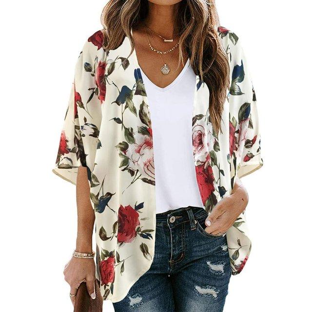 LNGOOR Kimono Cardigan à Manches Bouffantes Imprimé Floral pour Femmes, Blouse Décontractée Ample en Liquidation