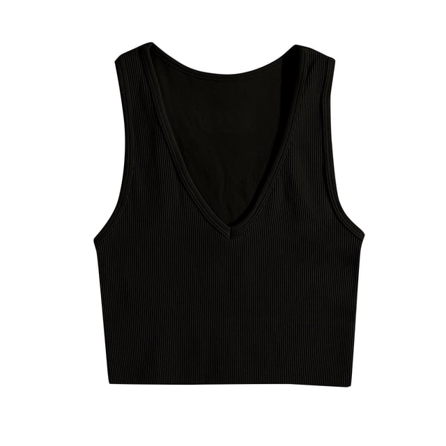 AherBiu Camisole Tops for Women Summer V Neck Low Cut Ribbed Knitted Slim Fitting Stretchy Solid Color Cropped Tank Tops