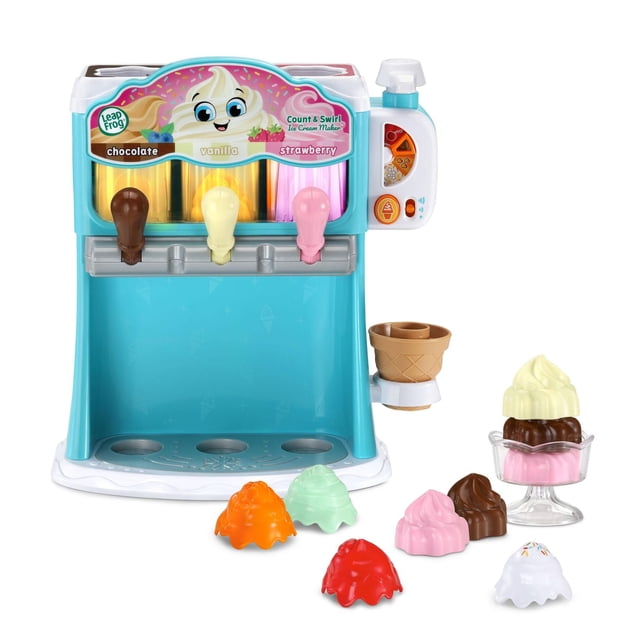 LeapFrog Count & Swirl Ice Cream Maker with chocolate, vanilla, and strawberry swirl dispensers, cone holder, and colorful toppings including whipped cream, caramel, cherry, and mint sauces, ideal for pretend play kitchens and practicing counting skills for children aged 2 and up.