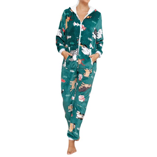 goowrom Pyjama de Noël pour Femmes, Combinaison à Capuche à Motif Imprimé