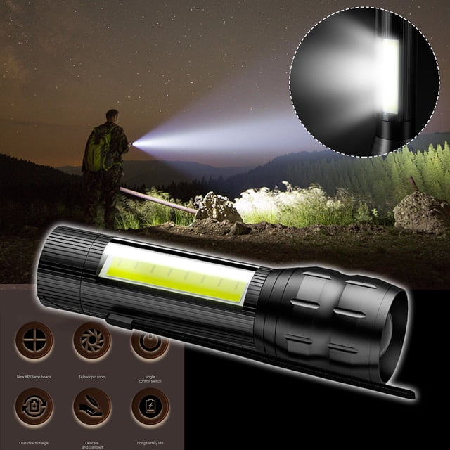 FHBVT USB Rechargeable Mini LED Flashlight Emergency Phone Charger Telescopic Zoom IPX45 Waterproof Anti-Slip Grip 4-Hour Runtime for Camping Hiking Fishing Home Power Outages Outdoor Night Use