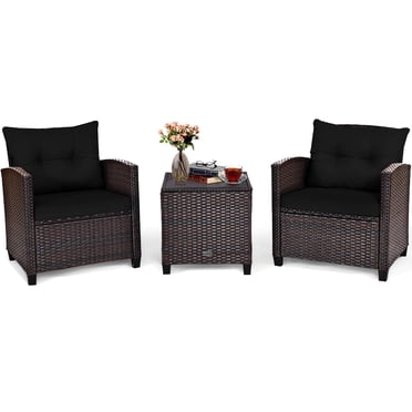 Giantex Ensemble de Mobilier de Patio 3 Pcs, Ensemble de Canapé d'Extérieur 3 Pcs en Rotin PE Osier avec Coussin Lavable et Dessus de Table en Verre Trempé, Mobilier de Conversation pour Jardin, Bord de Piscine, Balcon (Noir)
