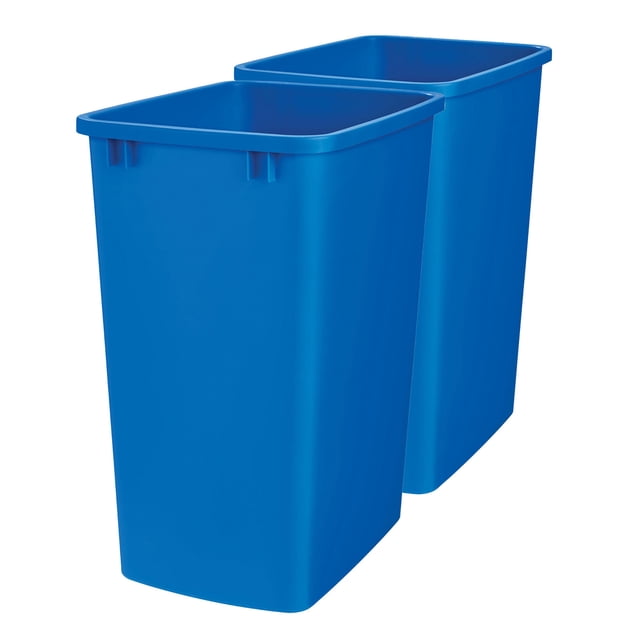 Rev-A-Shelf Polymer Replacement 35 Qt Blue Trash Bin, 2 Pack, RV-35-22-2. This set includes two blue 35-quart trash bins made of durable injection-molded polymer plastic. Designed for use with Rev-A-Shelf pullout systems, these open-top bins are ideal for kitchens, bathrooms, offices, or dorm rooms. Each bin measures 14.21 inches wide, 10.46 inches deep, and 17.85 inches high, offering ample capacity for waste or recyclables. Frames and lids are sold separately.