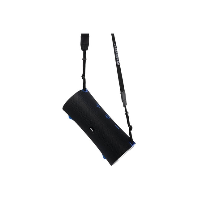 Alpine Turn1 AD-SPK1 portable Haut-Parleur Bluetooth Sans Fil avec design Cylindrique Noir, accents Bleus et Boutons de Commande pour une Utilisation Facile. Offre une performance Sonore Stéréo, un Réglage Extérieur et une Sangle de Transport pour la Portabilité.