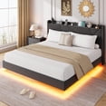 thumbnail image 2 of Modern Full Size Floating Bed Frame with LED Lights and Charging Station – Upholstered Storage Headboard, Folding Shelves, Metal Slats, No Box Spring Needed – FULL Black, 2 of 8