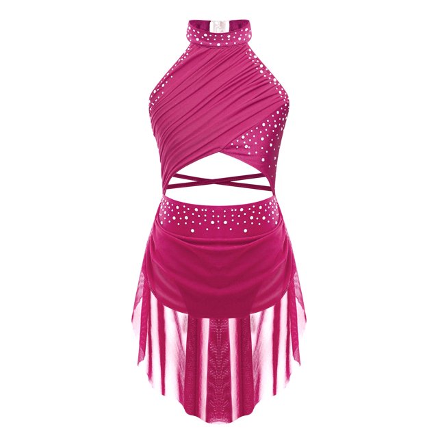 Raenseen Robe de Danse Ballet Jazz pour Filles, Justaucorps de Patinage Artistique, Strass Brillants, Robe de Bal Sans Manches, Rose Vif 10