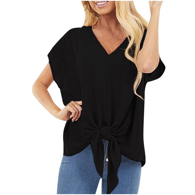 Pompotops Femmes Solide Col en V Manches Courtes Lâches T-Shirt Poche Chemisier Tops