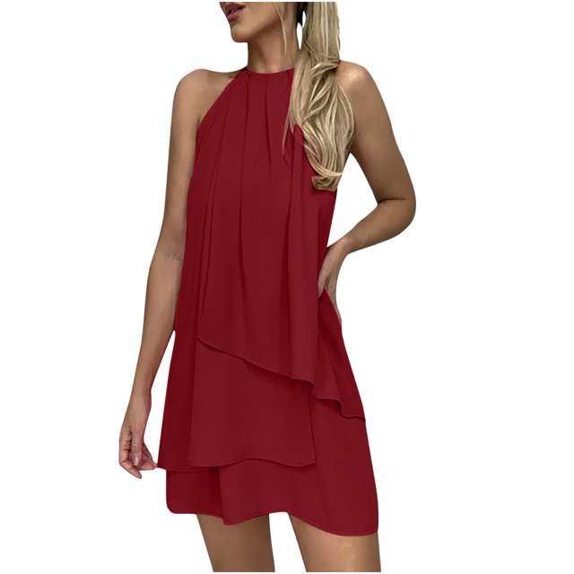 SMihono Robes Bohèmes d'Été pour Femmes Grande Taille Aguichant Mode Sans Manches Uni Col Rond Ample Robe Irrégulière pour Dames