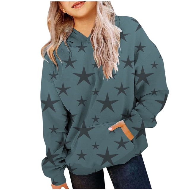 FAOWME Sweat à Capuche Imprimé à Manches Longues pour Filles Chandail-Over Marine 4-5 Ans