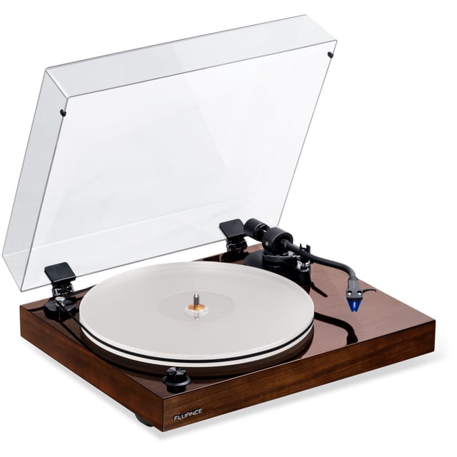 Fluance RT85 Reference High Fidelity Vinyl Turntable Record Player in walnut finish, featuring an Ortofon 2M Blue cartridge, acrylic platter, and vibration isolation feet. The turntable includes a clear dust cover and showcases a high-mass MDF wood plinth for superior vibration resistance. Designed for pure analog performance and precise playback with speed control motor.