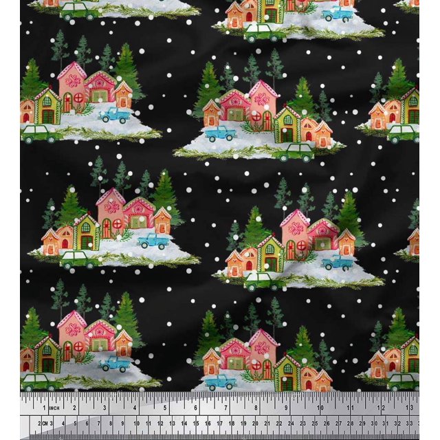 Soimoi Rayon Fabric House,Snowfall & Tree Nature Print Sewing Fabric Yard 56 Inch Wide