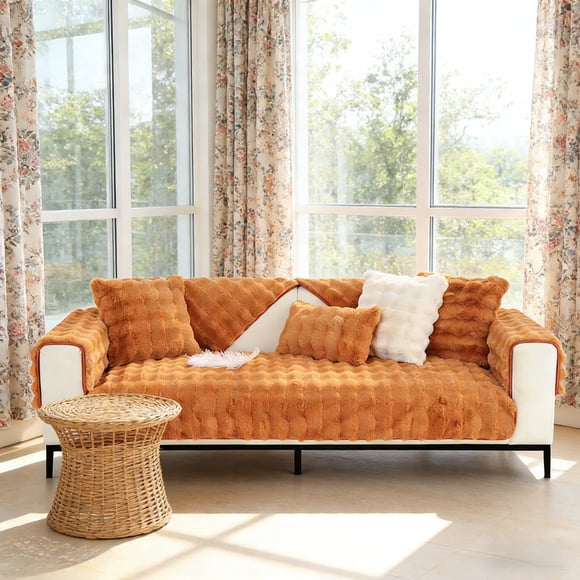 Polyester Sofa Cushions 70x120cm Orange Rabbit Fur Sofa Cushion Thickened Non-Slip Seat Cover for Couch Warm Cozy Puffy Throw Blanket(1Pcs) JASKFLY