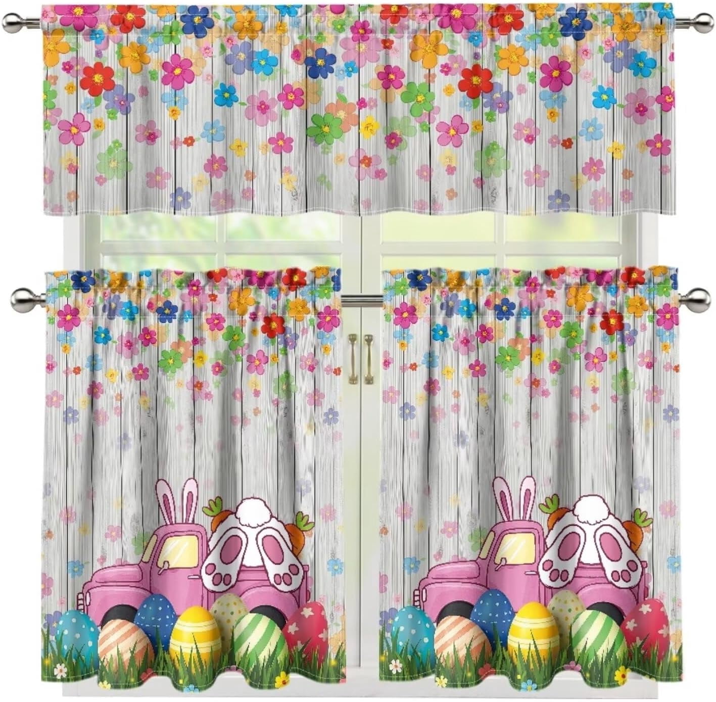 Rabbit Kitchen Curtains Valance Set of 3 Colorful Cute Groovy Flower Curtain Tier and Valance Living Room Curtains Window Decorations,Happy Easter Day Holiday Decor,M