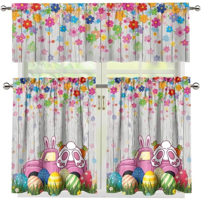 Rabbit Kitchen Curtains Valance Set of 3 Colorful Cute Groovy Flower Curtain Tier and Valance Living Room Curtains Window Decorations,Happy Easter Day Holiday Decor,M