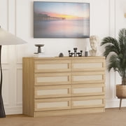 AKDSteel Rattan Dresser for Bedroom, Closet, Wooden Dresser with 8 Drawers, Modern Chest of Drawers with Large Storage, Tv Stand for Living Room, Hallway
