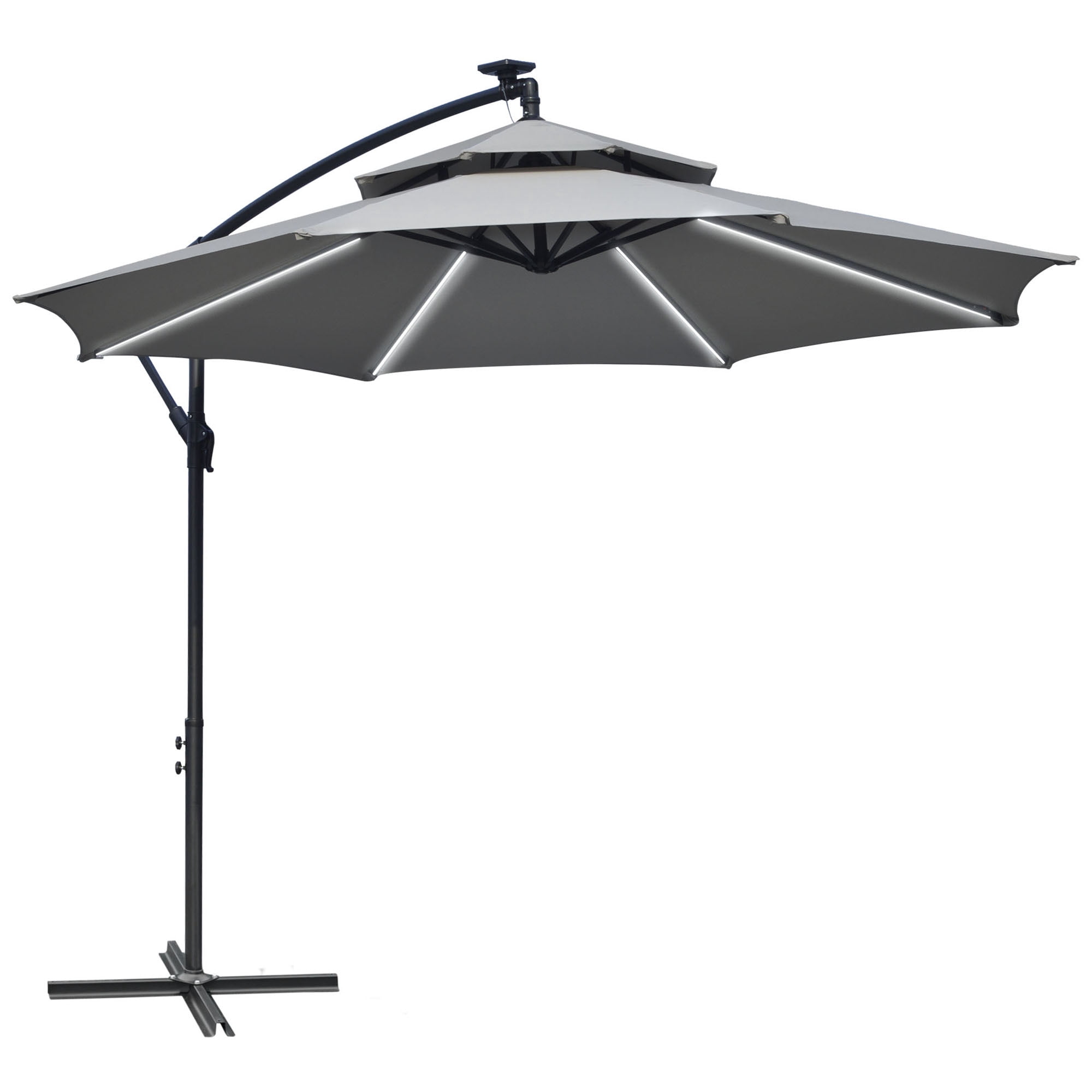 Outsunny 10FT Solar Powered Patio Umbrella with Crank and Base, Light Grey