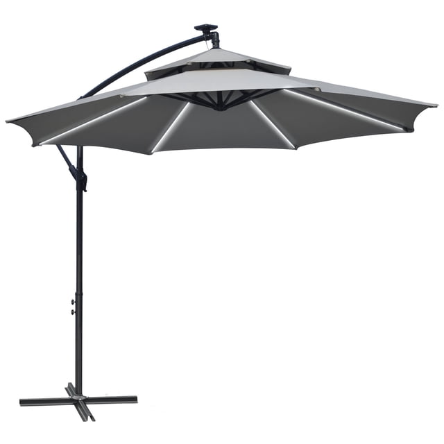 Outsunny 10FT Solar Powered Patio Umbrella with Crank and Base, Light Grey