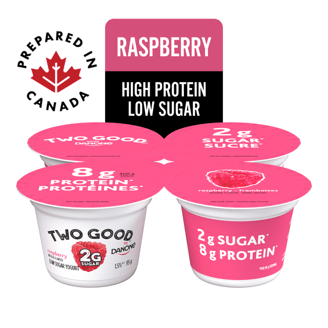 Two Good Low Sugar Yogurt raspberry Greek lowfat yogurt four-pack, each 95g cup containing 8g protein and 2g sugar, prepared in Canada, with bright pink lids and white containers emphasizing high protein and low sugar.