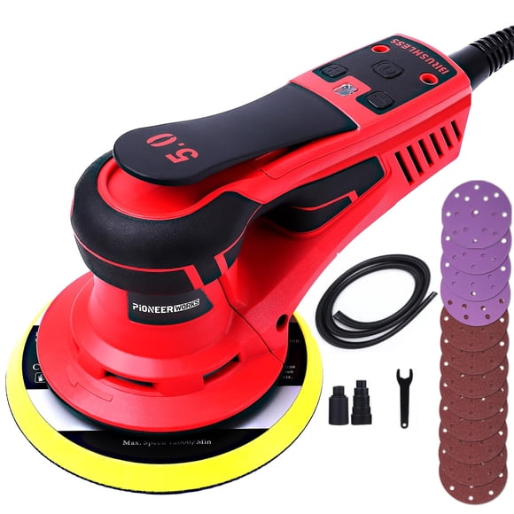 6 Inch 350W Brushless Random Orbital Sander, Variable Speed 10,000 RPM Electric Palm Sander with Low Vibration Design, for Woodworking, Polishing and Carpentry