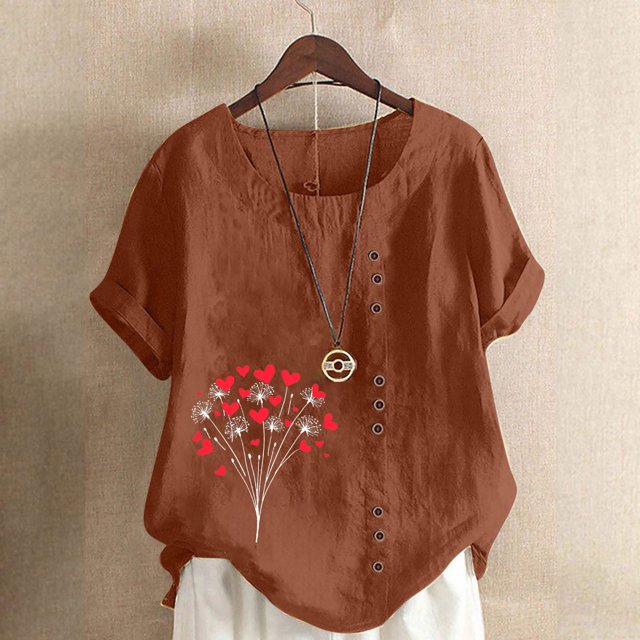 Économies d'Été! Horkkom Hauts Grande Taille pour Femmes Été Décontracté Chemises en Lin à Manches Courtes Col Rond Imprimé Floral Blouses Amples