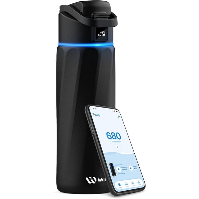 WaterH Boost 24 oz Bouteille d'Eau Intelligente en Acier Inoxydable Noire avec Suivi d'Hydratation Bluetooth, Fini Noir Mat, Bague de Rappel à Lueur LED et Affichage Numérique Affichant 50 % d'Hydratation. Affichages Jumelés pour Téléphone Intelligent Suivi par Application WaterH 680 ml d'Un Objectif Quotidien de 2000 ml.
