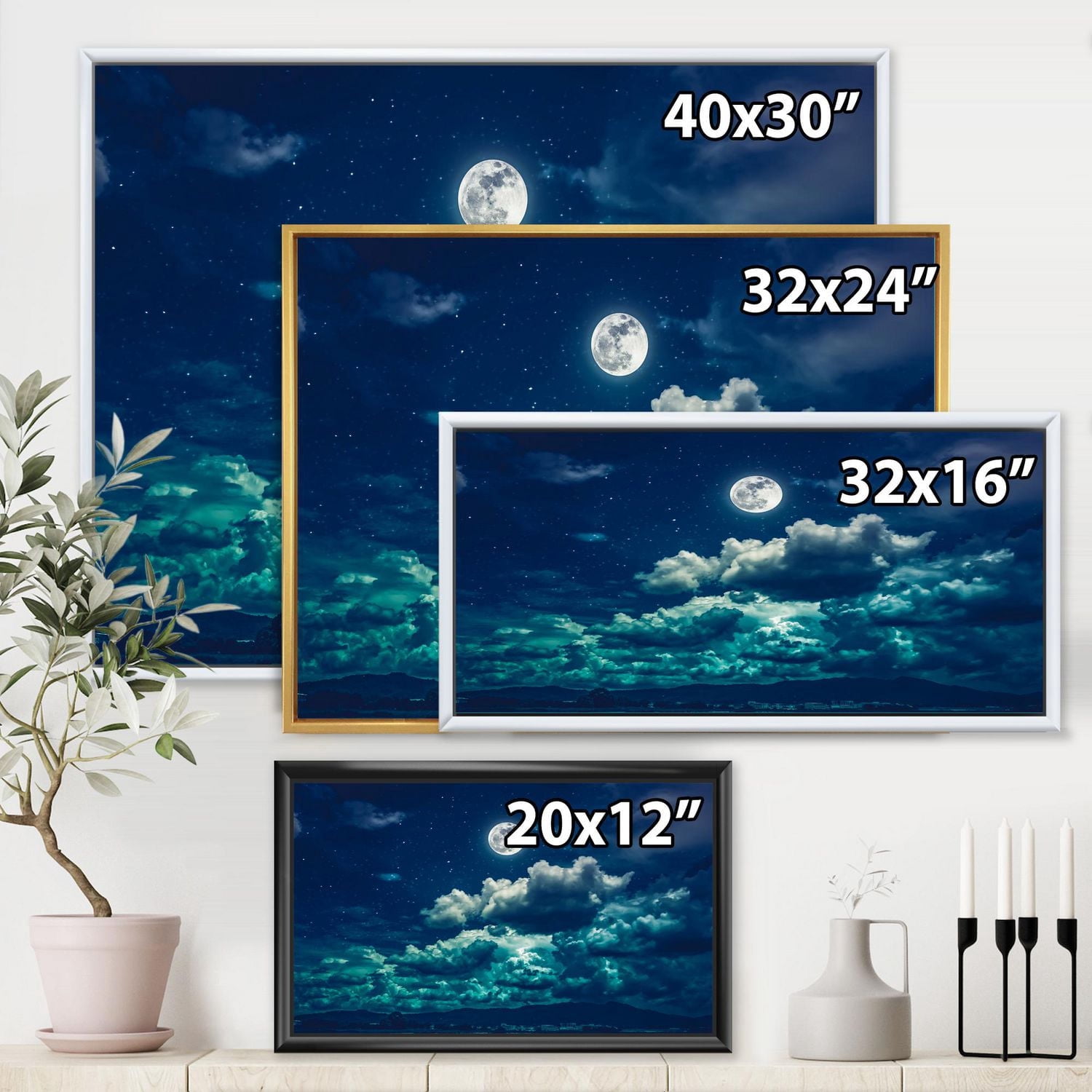 Designart Pleine lune dans le ciel nocturne nuageux II ART MURAL À CADRE FLOTTÉ