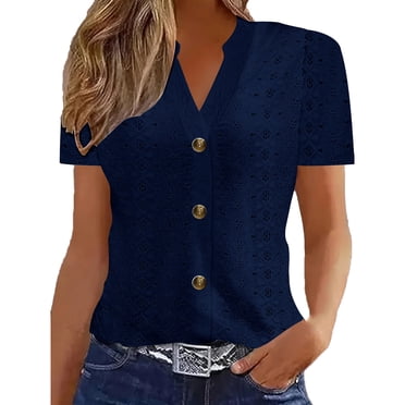 Lenpel Hauts d'Été pour Femmes Tendance Broderie Oeillets Col en V Manches Courtes Chemises Boutonnées Tuniques Décontractées Blouses