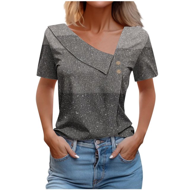 FAIWAD Women Summer Tops Short Sleeve Irregular V Neck Button T-Shirts Geometric Color Block Print Tees Blouses