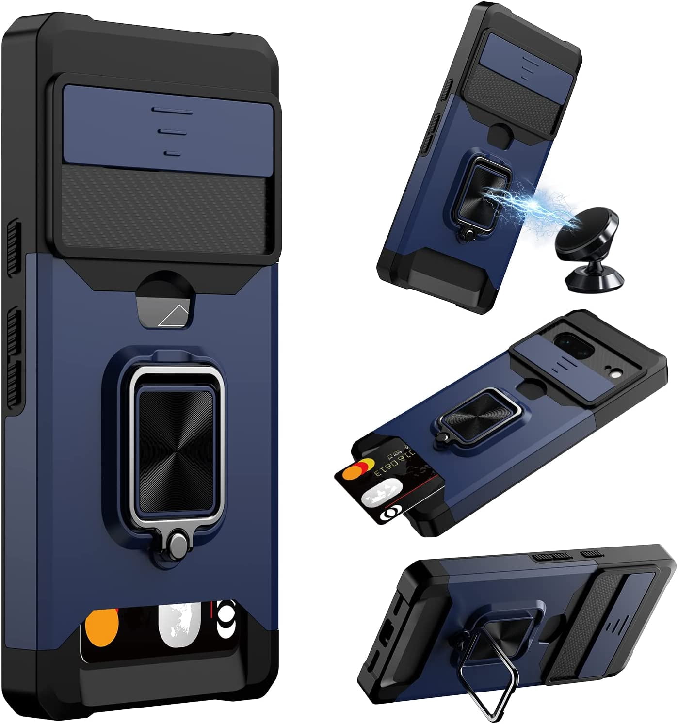 ORUYROP for Google Pixel 7 Case,Multi-Functional Pixel 7 Wallet Case with Card Holder,Sliding Camera Cover & Ring Holder Magnet Kickstand Protective Phone Case for Google Pixel 7 5G(2022),Blue