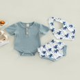 thumbnail image 4 of Infant Baby Boys Girsl 3Pcs Summer Clothes  Ribbed Short Sleeve Romper + Tree Shorts + Snap Triangle Bibs Blue 0-3 Months, 4 of 7