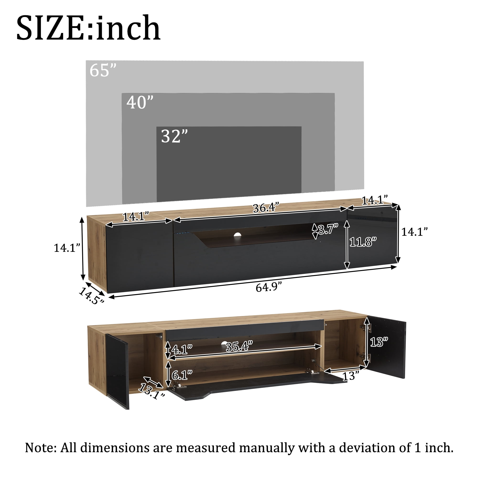 Homy Casa 64.9" Wall-Mounted TV Stand with LED Lights and 3 Storage Compartments, Black and Natural