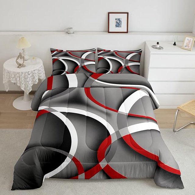 Stripes Comforter Set Full Kids Teens Gray Black Red Swirls Room Decor Abstract Stripes Circle Bedding Set