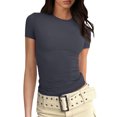 thumbnail image 1 of Wangsaura Womens Crewneck Short Sleeve Ribbed T-Shirt Slim Fit Tops Solid Basic Tee, 1 of 7
